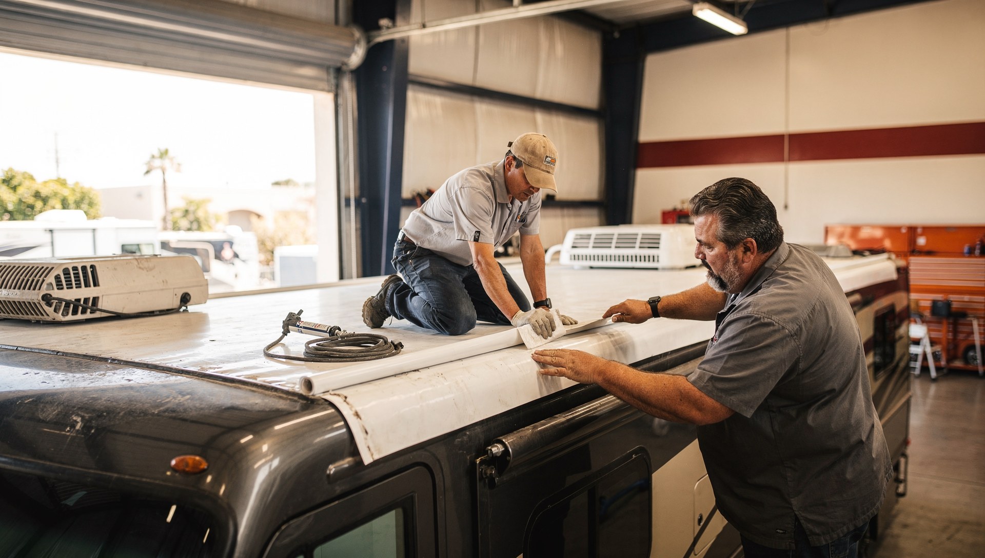 RV technician working on a motorhome roof repair to estimate the repair timeline