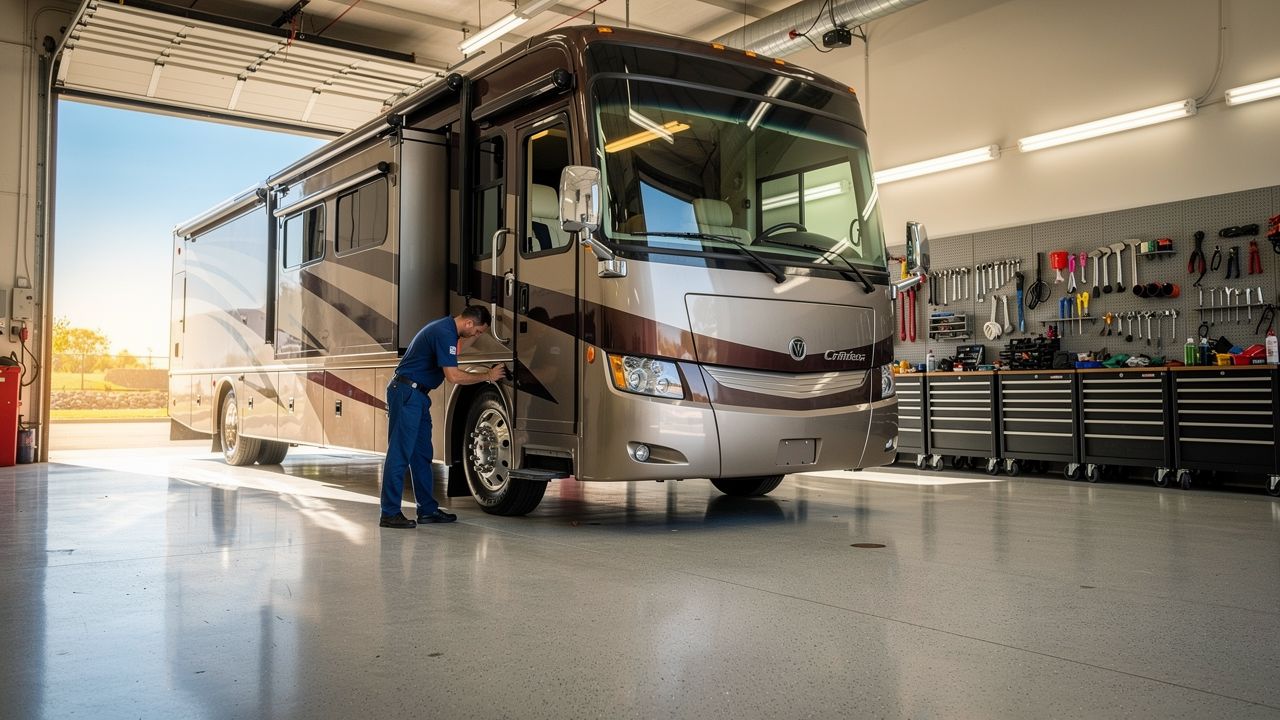 Well-organized RV repair shop bay with Class A motorhome being serviced in San Diego
