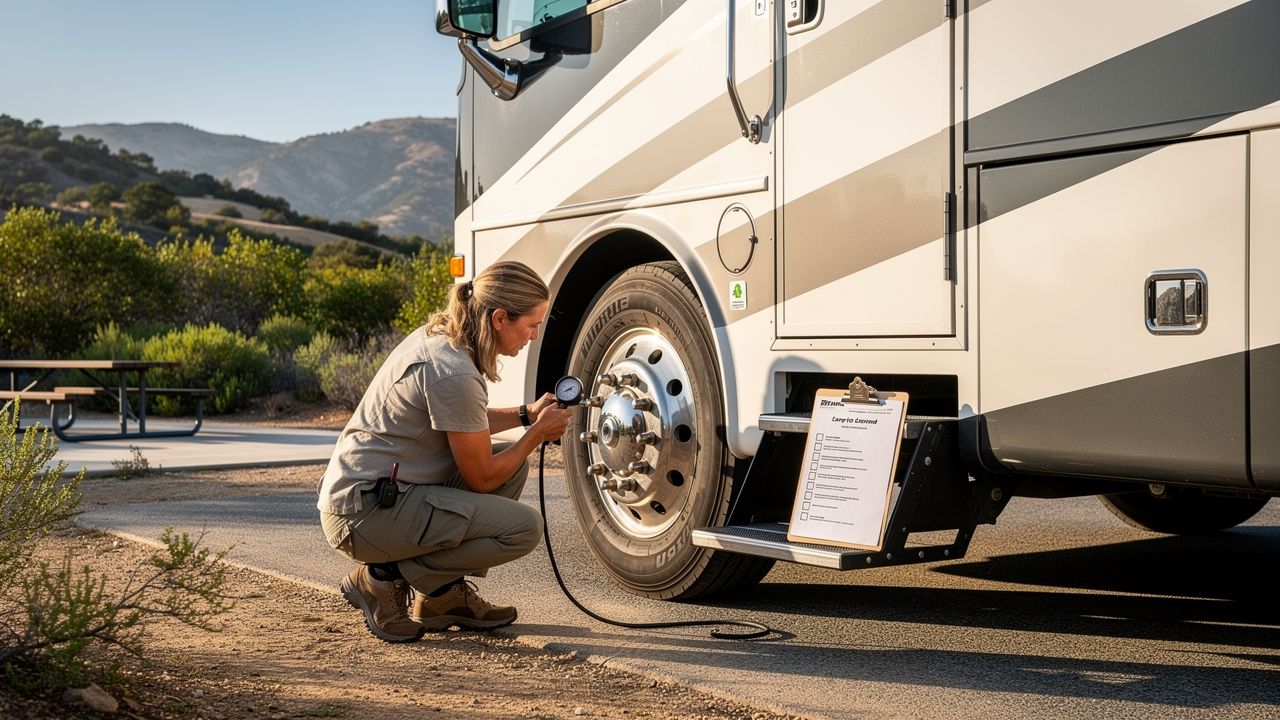 RV technician performing pre-trip safety inspection on a motorhome