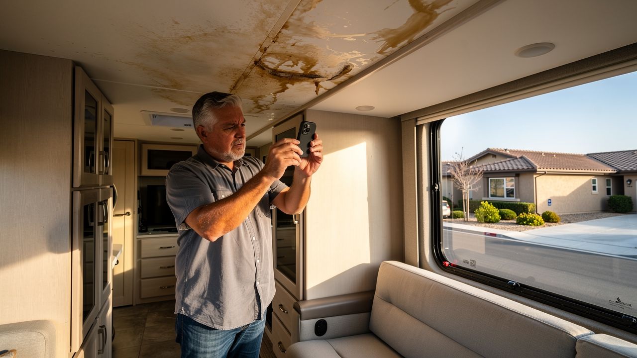 RV roof damage being assessed for an insurance claim in California