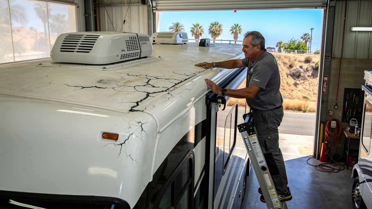 RV technician inspecting worn rubber membrane on a motorhome roof at a San Diego repair shop