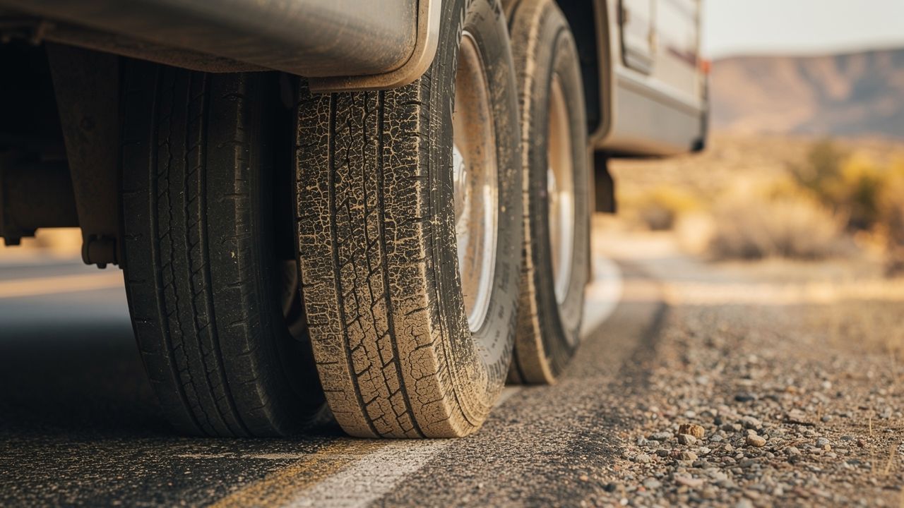 RV rear tire showing sidewall cracking and weathering on California highway