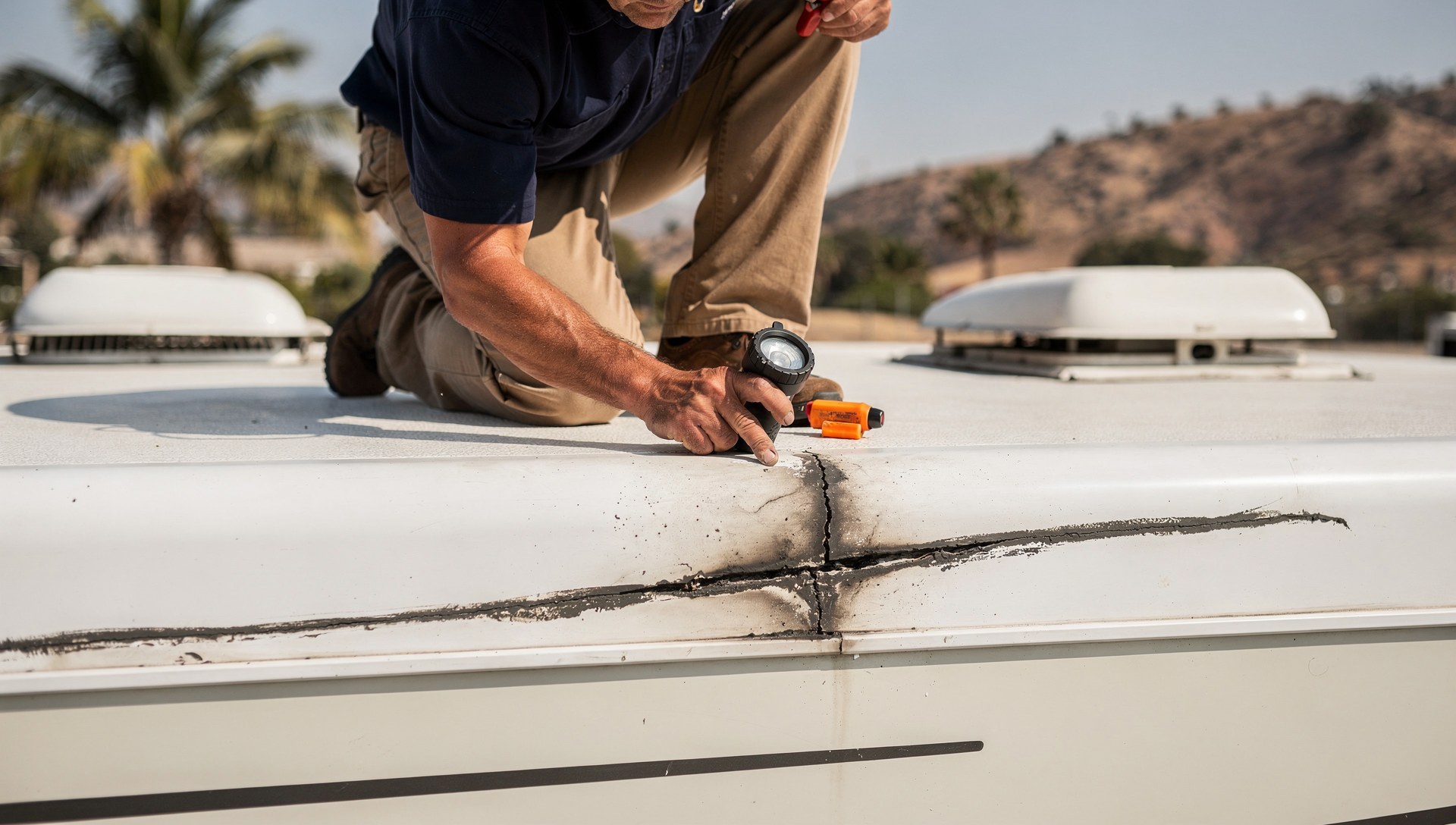 RV roof seam inspection revealing early water damage signs around a vent