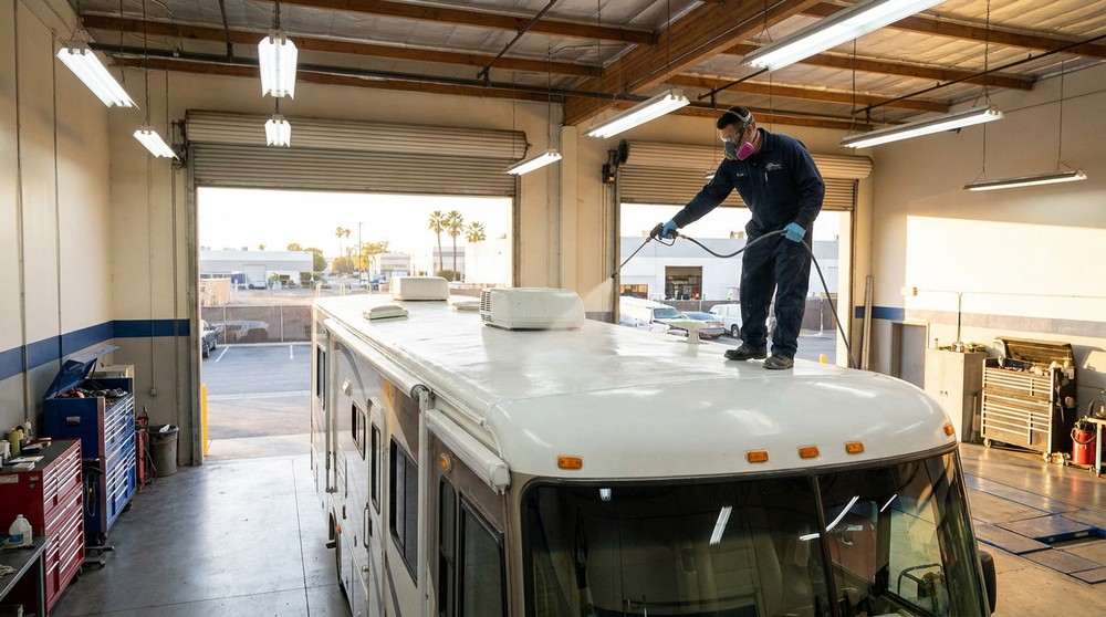 Technician applying Rhino roof coating to a Class A motorhome at San Diego RV Center