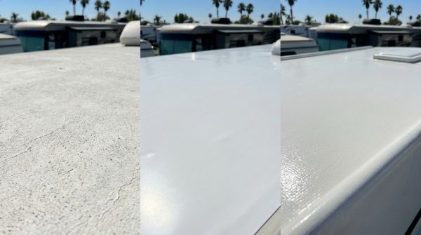 Side-by-side comparison of EPDM, TPO, and fiberglass RV roof materials photographed in Southern California sunlight