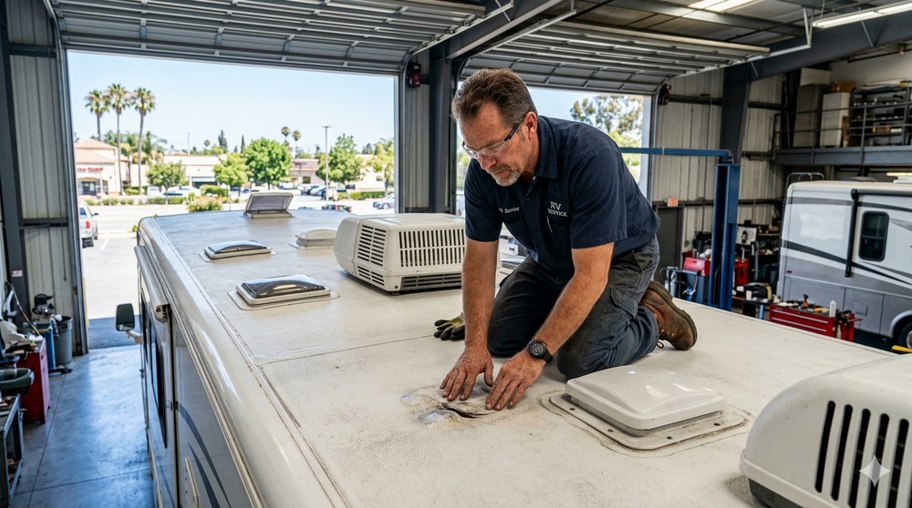 RV technician inspecting roof for signs of delamination and water damage